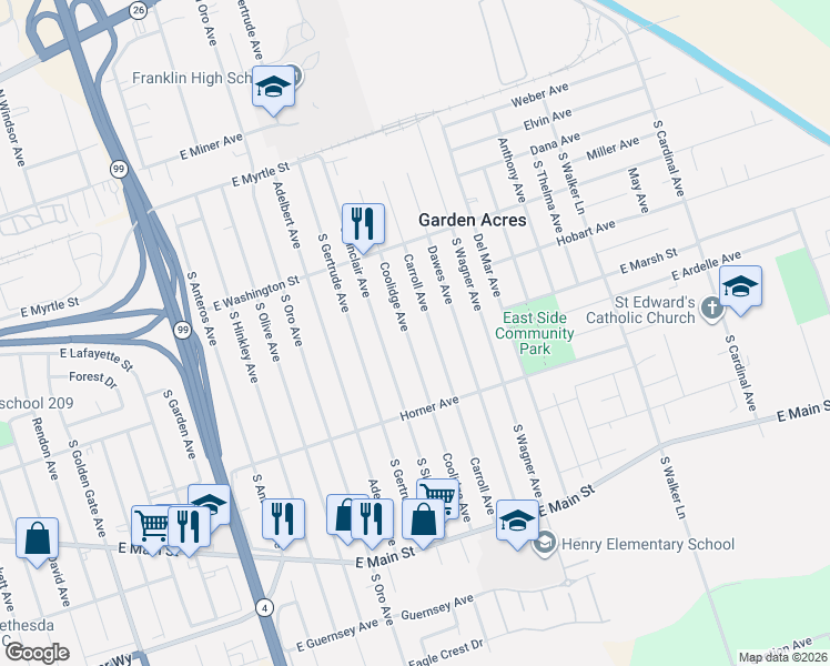 map of restaurants, bars, coffee shops, grocery stores, and more near 425 Coolidge Avenue in Stockton