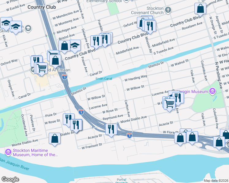 map of restaurants, bars, coffee shops, grocery stores, and more near 1327 Pelem Court in Stockton