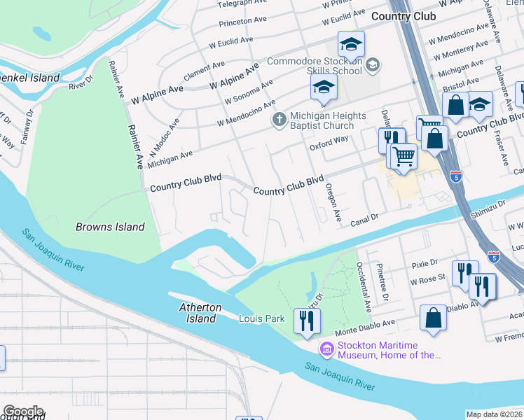 map of restaurants, bars, coffee shops, grocery stores, and more near 3322 Cove Circle in Stockton