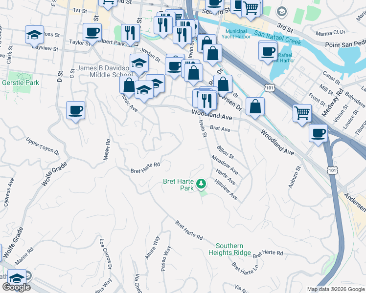 map of restaurants, bars, coffee shops, grocery stores, and more near in San Rafael