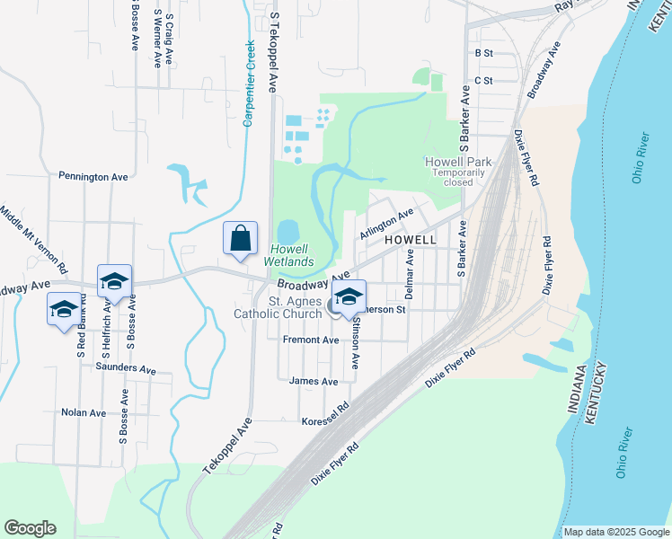 map of restaurants, bars, coffee shops, grocery stores, and more near 1501 Glendale Avenue in Evansville