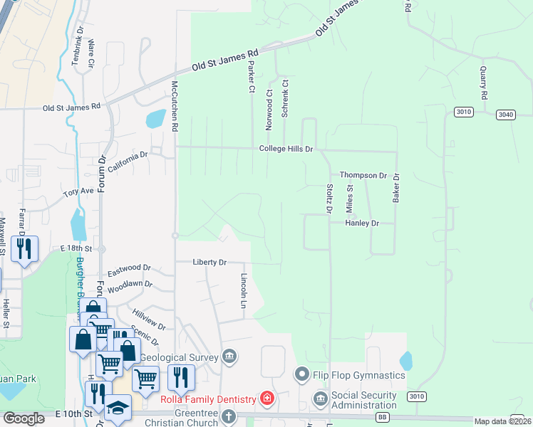 map of restaurants, bars, coffee shops, grocery stores, and more near 3 Liberty Lane in Rolla