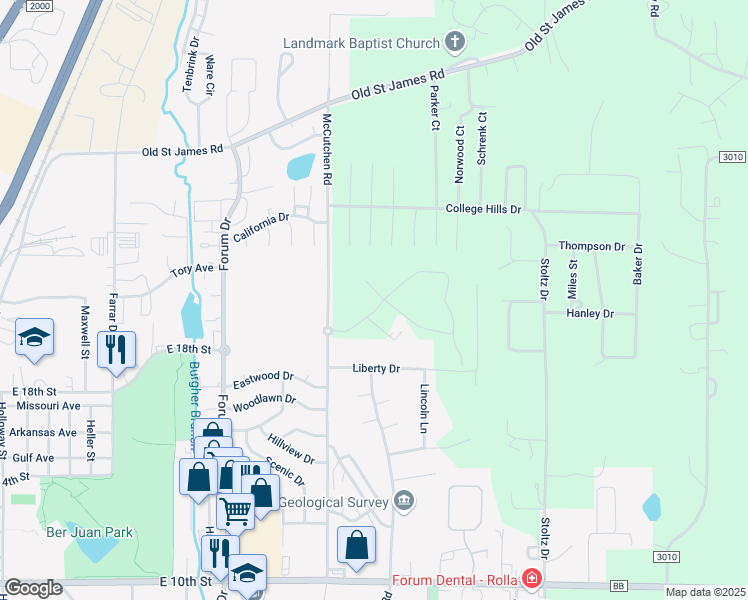 map of restaurants, bars, coffee shops, grocery stores, and more near 1407 Liberty Drive in Rolla