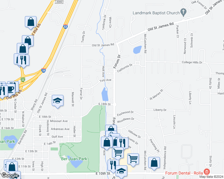 map of restaurants, bars, coffee shops, grocery stores, and more near 1815 Forum Drive in Rolla
