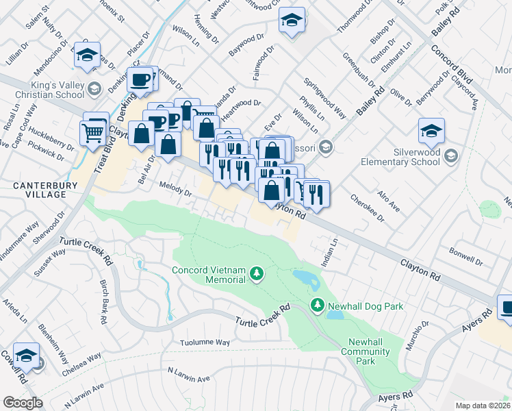 map of restaurants, bars, coffee shops, grocery stores, and more near 1461 Lark Lane in Concord