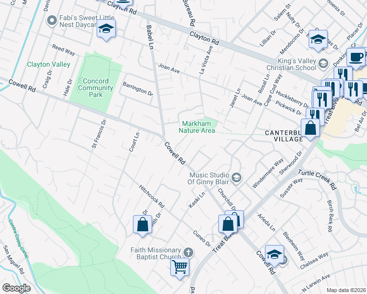 map of restaurants, bars, coffee shops, grocery stores, and more near 1221 Mc Ewing Court in Concord