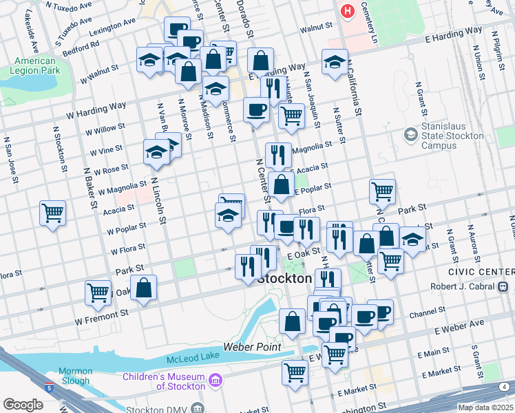 map of restaurants, bars, coffee shops, grocery stores, and more near 32 West Poplar Street in Stockton