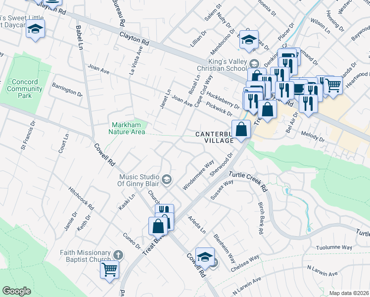 map of restaurants, bars, coffee shops, grocery stores, and more near 4121 Kensington Drive in Concord