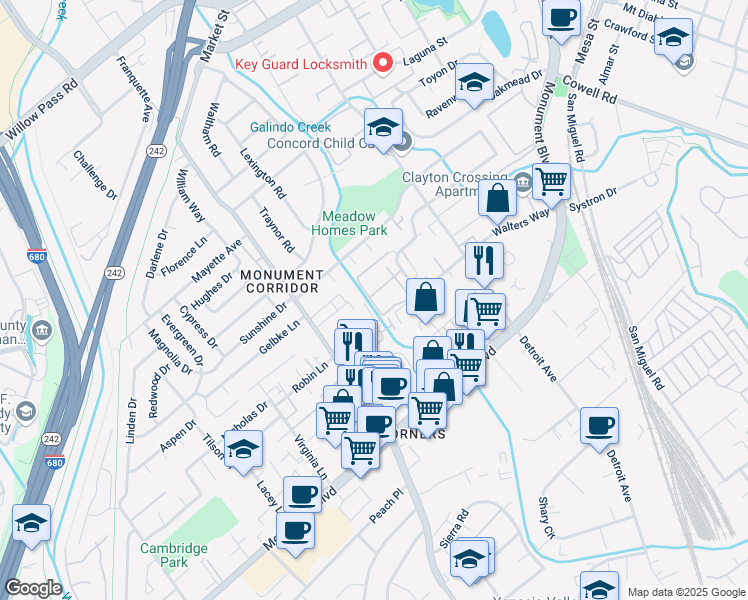 map of restaurants, bars, coffee shops, grocery stores, and more near 1237 Pine Creek Way in Concord