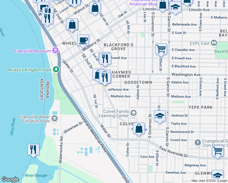 map of restaurants, bars, coffee shops, grocery stores, and more near 1165 Putnam Street in Evansville