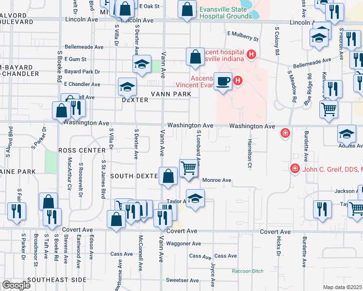 map of restaurants, bars, coffee shops, grocery stores, and more near 1152 Hatfield Drive in Evansville
