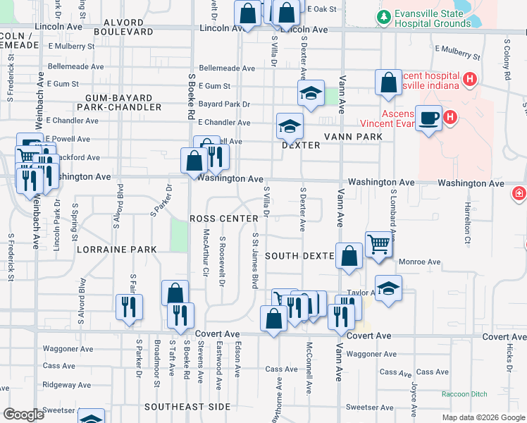 map of restaurants, bars, coffee shops, grocery stores, and more near 1002 Corregidor Circle in Evansville