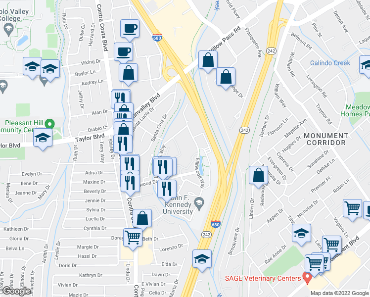 map of restaurants, bars, coffee shops, grocery stores, and more near 231 Sunspring Court in Pleasant Hill