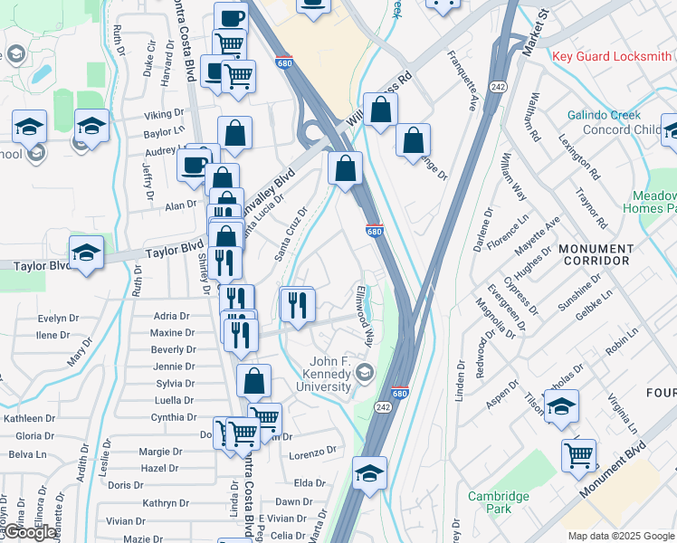 map of restaurants, bars, coffee shops, grocery stores, and more near 231 Sunspring Court in Pleasant Hill