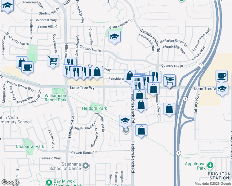map of restaurants, bars, coffee shops, grocery stores, and more near 5100 Vista Grande Drive in Antioch