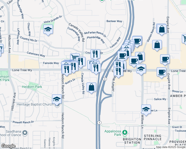 map of restaurants, bars, coffee shops, grocery stores, and more near 5611 Lone Tree Way in Brentwood