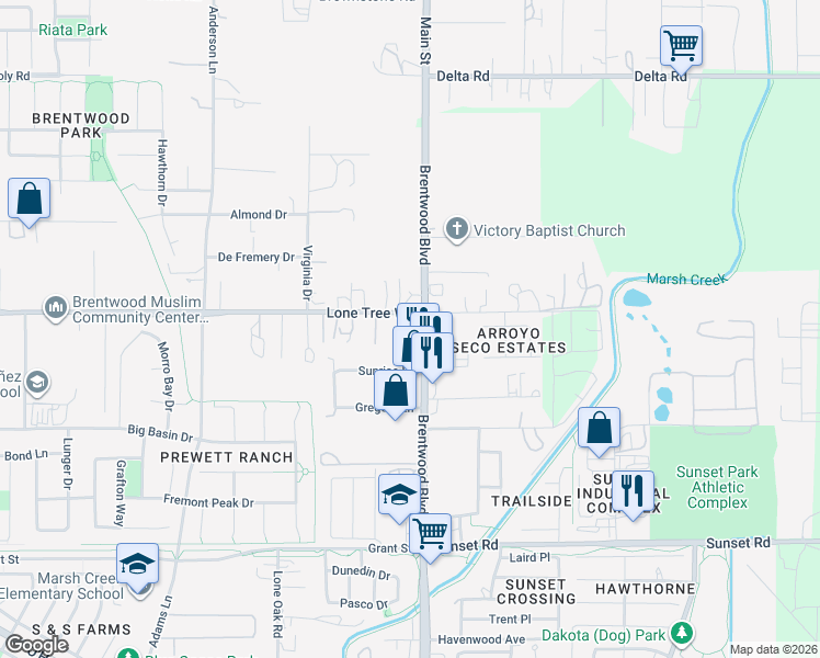 map of restaurants, bars, coffee shops, grocery stores, and more near 6571 Brentwood Boulevard in Brentwood