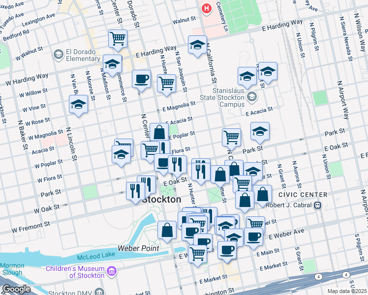 map of restaurants, bars, coffee shops, grocery stores, and more near 804 North Hunter Street in Stockton
