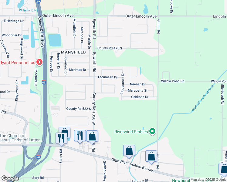 map of restaurants, bars, coffee shops, grocery stores, and more near 10354 Chippewa Drive in Newburgh