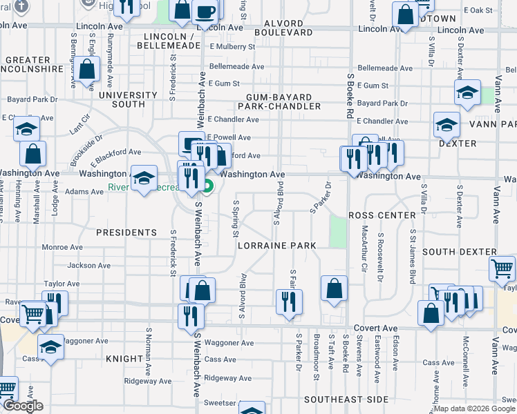 map of restaurants, bars, coffee shops, grocery stores, and more near 2107 Jefferson Avenue in Evansville