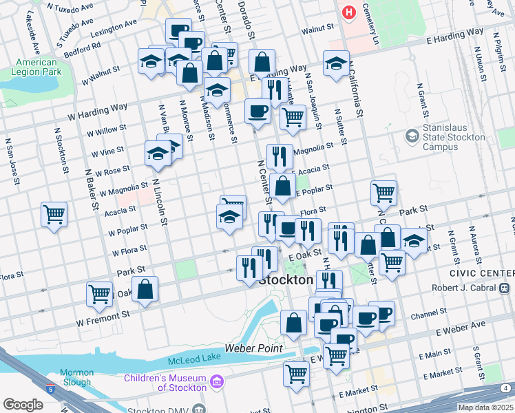 map of restaurants, bars, coffee shops, grocery stores, and more near 36 West Poplar Street in Stockton