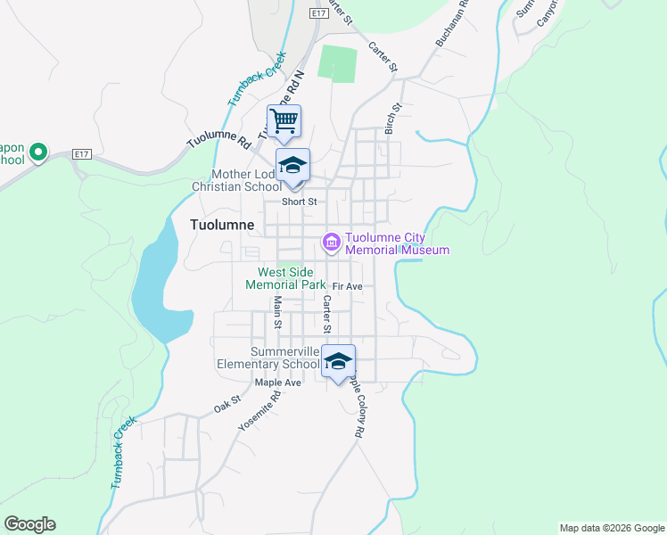 map of restaurants, bars, coffee shops, grocery stores, and more near 18484 Fir Avenue in Tuolumne