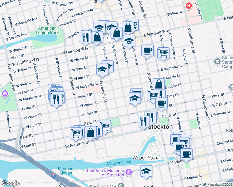 map of restaurants, bars, coffee shops, grocery stores, and more near 849 North Van Buren Street in Stockton