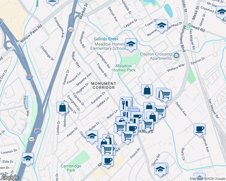 map of restaurants, bars, coffee shops, grocery stores, and more near 1981 Gelbke Lane in Concord