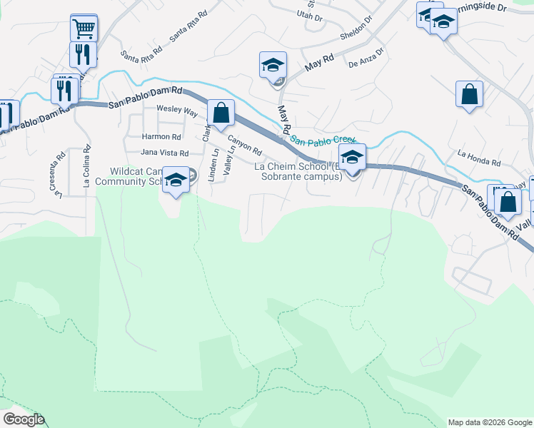 map of restaurants, bars, coffee shops, grocery stores, and more near 2156 La Mirada Drive in Richmond