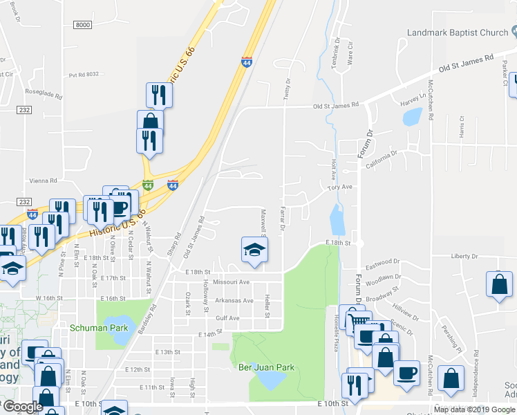 map of restaurants, bars, coffee shops, grocery stores, and more near 1910 Maxwell Street in Rolla