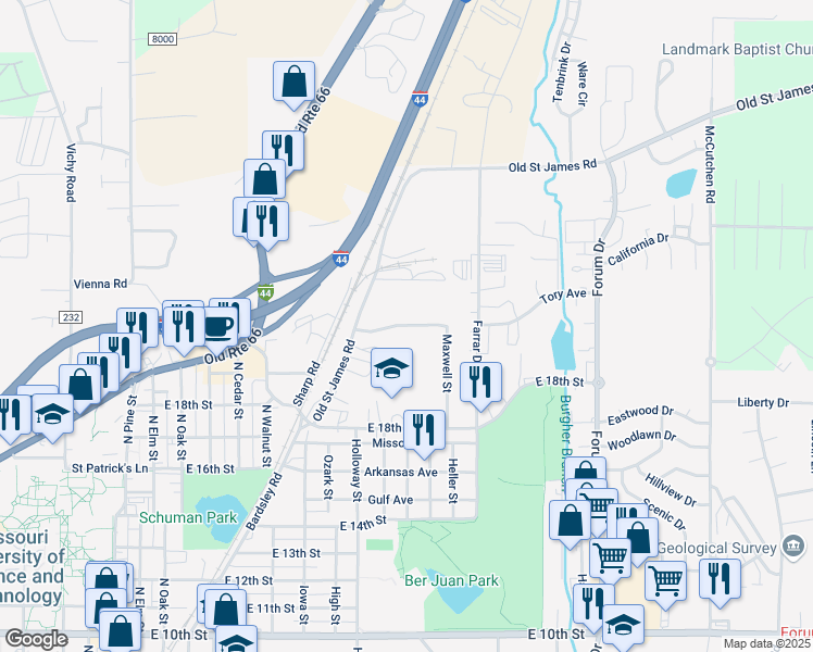 map of restaurants, bars, coffee shops, grocery stores, and more near 2005 Maxwell Street in Rolla