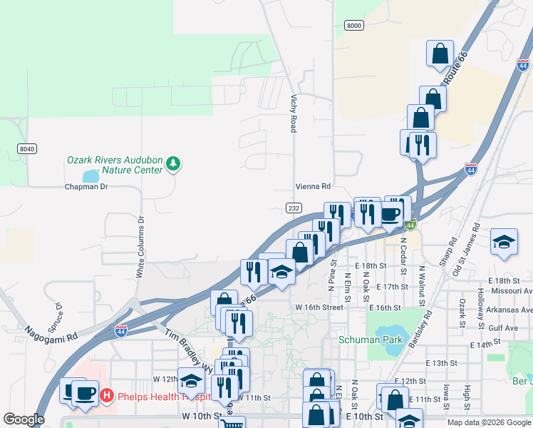 map of restaurants, bars, coffee shops, grocery stores, and more near 1821 Vichy Road in Rolla