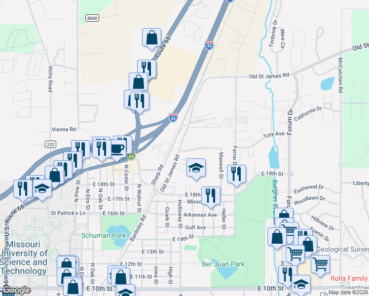 map of restaurants, bars, coffee shops, grocery stores, and more near 2021 Maxwell Street in Rolla