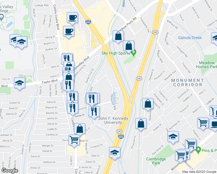 map of restaurants, bars, coffee shops, grocery stores, and more near 210 Sunspring Court in Pleasant Hill
