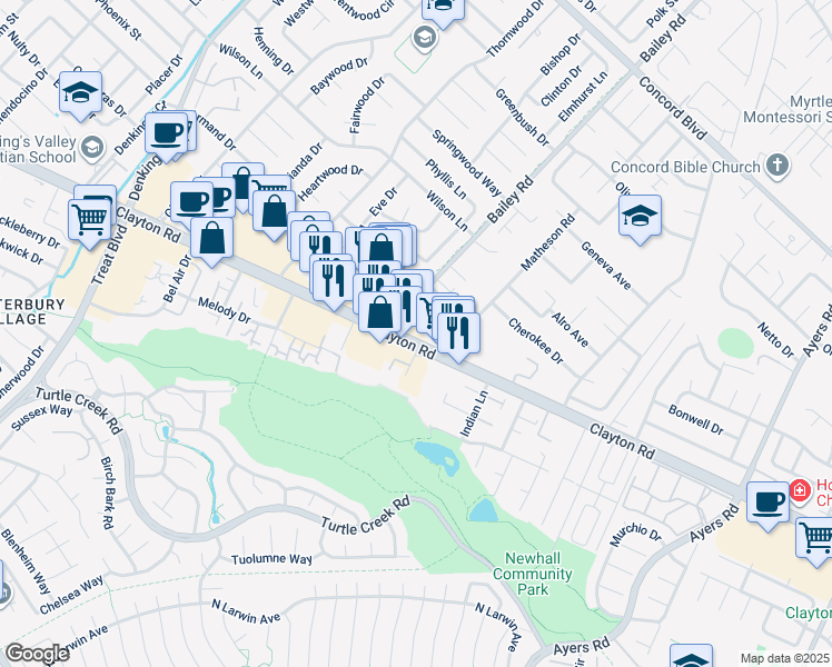 map of restaurants, bars, coffee shops, grocery stores, and more near 4746 Clayton Road in Concord