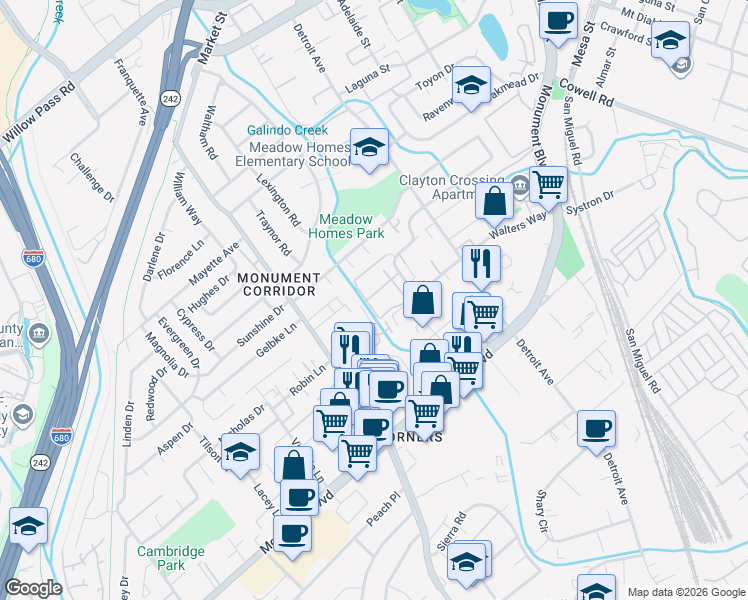 map of restaurants, bars, coffee shops, grocery stores, and more near 1237 Pine Creek Way in Concord
