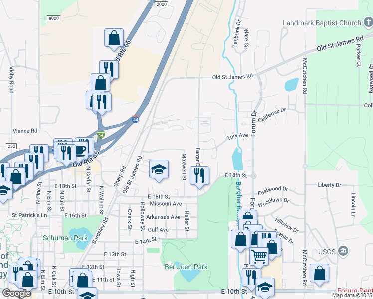 map of restaurants, bars, coffee shops, grocery stores, and more near 2000 Maxwell Street in Rolla