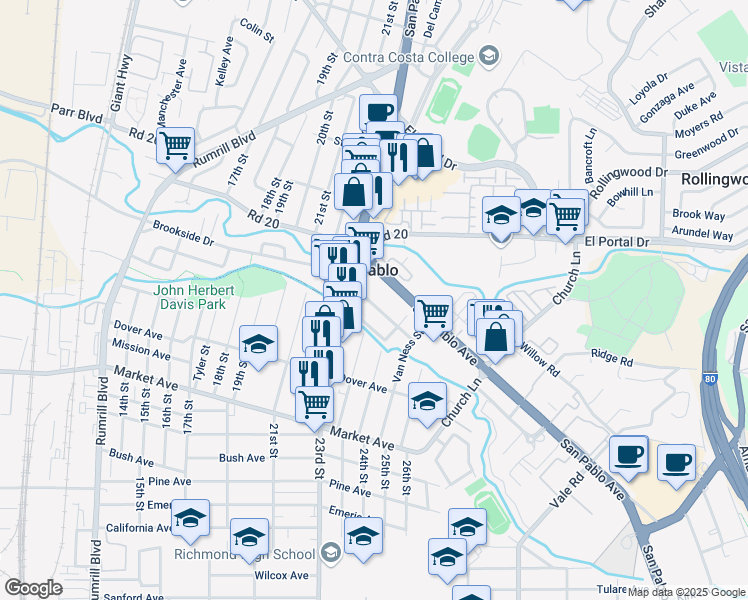 map of restaurants, bars, coffee shops, grocery stores, and more near 2409 Standard Avenue in San Pablo