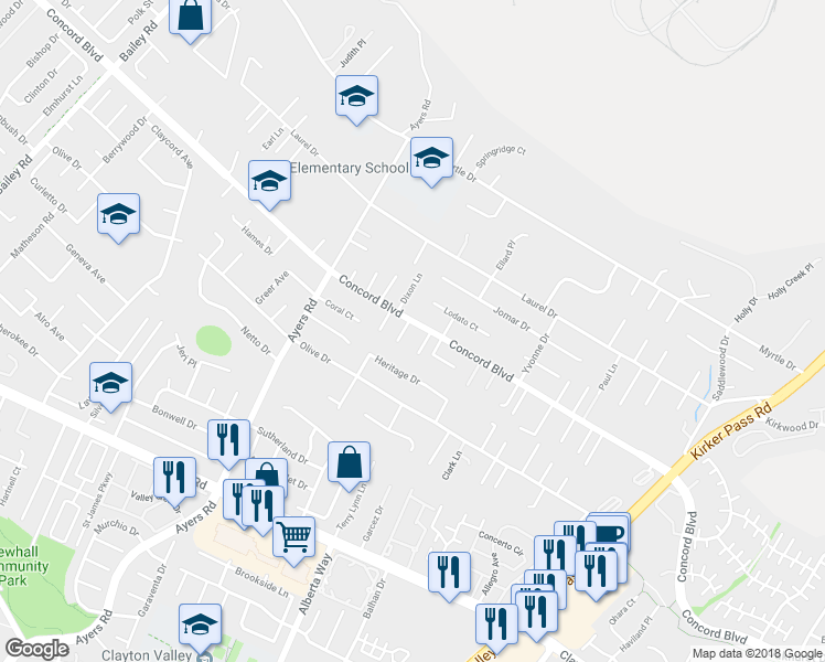 map of restaurants, bars, coffee shops, grocery stores, and more near 1798 Mariposa Court in Concord