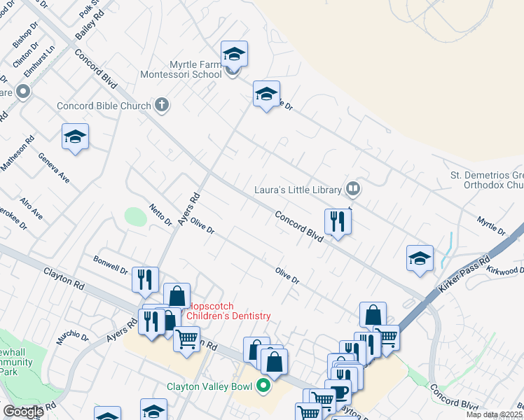 map of restaurants, bars, coffee shops, grocery stores, and more near 1798 Mariposa Court in Concord