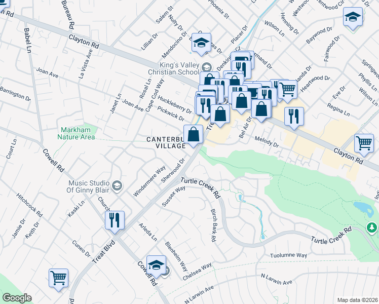map of restaurants, bars, coffee shops, grocery stores, and more near 4231 Cobblestone Drive in Concord