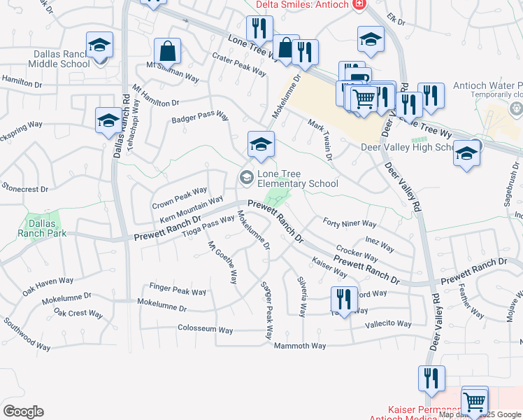 map of restaurants, bars, coffee shops, grocery stores, and more near 2021 Tioga Pass Way in Antioch