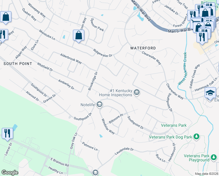 map of restaurants, bars, coffee shops, grocery stores, and more near 4473 River Ridge Road in Lexington