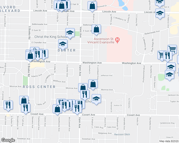 map of restaurants, bars, coffee shops, grocery stores, and more near 1136 Hatfield Drive in Evansville