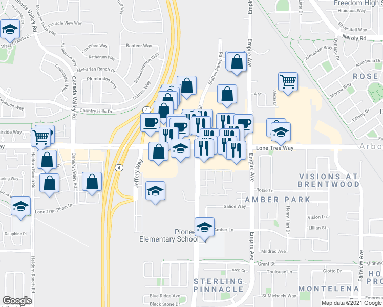 map of restaurants, bars, coffee shops, grocery stores, and more near 6221 Lone Tree Way in Brentwood