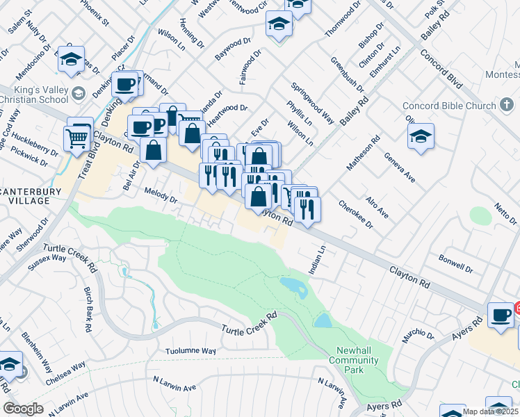 map of restaurants, bars, coffee shops, grocery stores, and more near Clayton Rd & Bailey Rd in Concord
