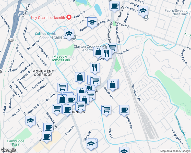 map of restaurants, bars, coffee shops, grocery stores, and more near 1131 Detroit Avenue in Concord