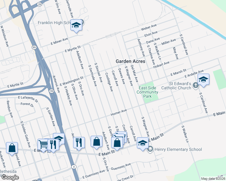 map of restaurants, bars, coffee shops, grocery stores, and more near 21 Coolidge Avenue in Stockton