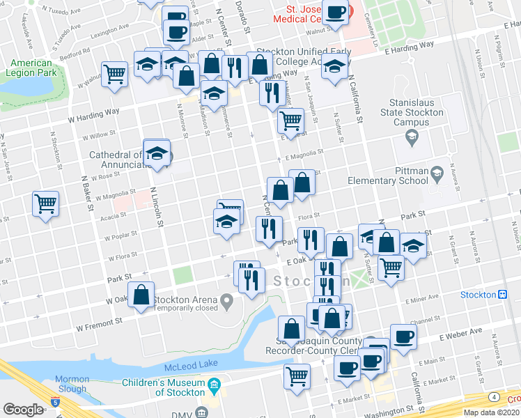 map of restaurants, bars, coffee shops, grocery stores, and more near 55 West Flora Street in Stockton