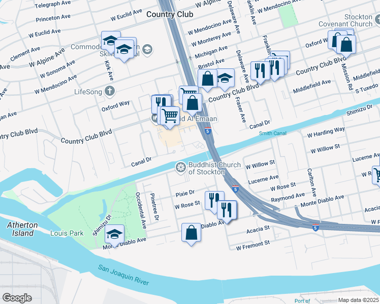 map of restaurants, bars, coffee shops, grocery stores, and more near 2810 Shimizu Drive in Stockton